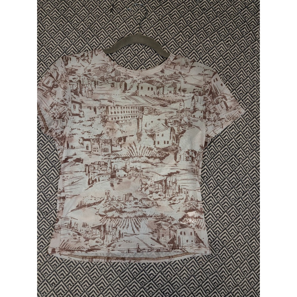 ANTISTAR Women's Sheer Mesh Toile Print Top L Brown Cream Y2K Vintage Style